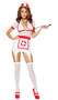 Doctor's Naughty Assistant nurse costume includes short sleeve mini dress with V neck, collar, attached medical cross apron and garters. Nurse head piece and stethoscope also included. Three piece set.
