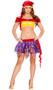 Mischievous Gypsy costume includes side tie mini skirt with golden embossed panels, off the shoulder crop top with coin trim, and matching head scarf with coin trim. Three piece set.