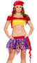 Mischievous Gypsy costume includes side tie mini skirt with golden embossed panels, off the shoulder crop top with coin trim, and matching head scarf with coin trim. Three piece set.