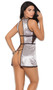 Stretch satin and Lurex lace chemise with plunging neckline, scalloped trim and peek a boo back.