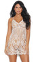 Sheer eyelash lace chemise with v neck, vertical stripes and floral detail, adjustable criss cross straps,  and back satin lace up detail.