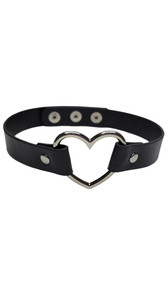 Faux leather choker with metal heart shaped ring and adjustable snap closure. Heart measures about 1-1/2" tall, choker measures about 3/4" wide.