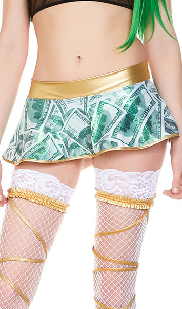 Holographic money print mini skirt with gold metallic waist band and trim. Pull on style.