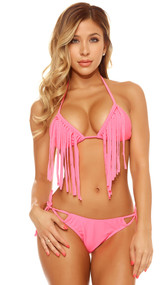 Halter style fringe bikini features triangle cups and tie back. Side tie bottoms with flirty cutouts and ruched back. Both top and bottom are lined.