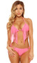 Halter style fringe bikini features triangle cups and tie back. Side tie bottoms with flirty cutouts and ruched back. Both top and bottom are lined.
