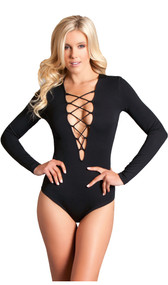 Long sleeve bodysuit with front faux lace up design over a plunging neckline, snap crotch, and cheeky cut back. Stretch material for a comfy fit. Front laces also have plenty of stretch to accommodate a variety of bustlines.