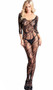 Fishnet bodystocking with swirl design, open crotch, 3/4 sleeves, and scoop front and back neckline.
