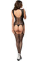 Fishnet and lace suspender sleeveless bodystocking with floral design, high neckline and back cut out.