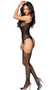 Fishnet and lace suspender sleeveless bodystocking with floral design, high neckline and back cut out.
