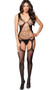 Fishnet suspender sleeveless bodystocking with strappy cut out design, sheer cups and plunging neckline.