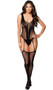 Fishnet suspender sleeveless bodystocking with opaque cut out design, deep V neckline, and low scoop back.