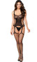 Sleeveless suspender bodystocking with strappy cut out design on sides and stockings, low scoop neckline, and thin straps.
