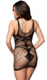 Sleeveless net mini dress with low U shaped neckline in front and back.