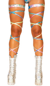Metallic rainbow splash leg straps with attached thigh garter. 100" long straps, wrap around your leg and tie. Two per package.