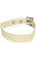 Clear iridescent vinyl choker with adjustable belt buckle and grommet detail. Color varies depending on the way the light hits it. Measures about 7/8" wide.