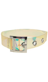 Clear iridescent vinyl choker with adjustable belt buckle and grommet detail. Color varies depending on the way the light hits it. Measures about 7/8" wide.