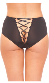 High waist microfiber briefs featuring a corset style lace up back with satin ribbon and gold mini ring accents.