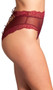 Peekaboo panty features a sheer mesh front with floral lace trim and scalloped edges, and a corset style lace up open back.