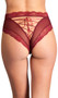Peekaboo panty features a sheer mesh front with floral lace trim and scalloped edges, and a corset style lace up open back.