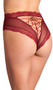 Peekaboo panty features a sheer mesh front with floral lace trim and scalloped edges, and a corset style lace up open back.