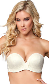 Strapless lace push up bra with back hook and eye adjustable closure.
