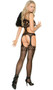 Crochet suspender bodystocking with pothole design, multiple shoulder straps, side cut outs and fishnet stockings.