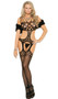Crochet suspender bodystocking with pothole design, multiple shoulder straps, side cut outs and fishnet stockings.