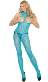 Sleeveless lace bodystocking with halter style neck, open bust and crotch.