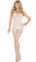 Crochet crotchless bodystocking with faux lace scroll top, halter neck, low scoop neckline and large diamond net legs.