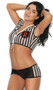 Rowdy Referee costume includes striped short sleeve mesh cami crop top with R pocket accent and plunging neckline, and matching sheer mesh booty shorts. Two piece set. Whistle not included.
