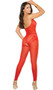 Footless sheer bodystocking with lace trim, plunging neckline with straps, halter neck, and open crotch.