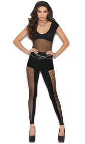 Footless sheer and opaque bodystocking with fence net sides, cap sleeves, and scoop neck and back.