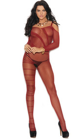 Crochet long sleeve bodystocking with cold shoulders, square neckline, burnout pattern and open crotch.