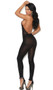 Sheer footless bodystocking with scalloped lace top, halter neck, front cut out with criss cross straps and rhinestone accents.