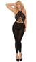Sheer footless bodystocking with scalloped lace top, halter neck, front cut out with criss cross straps and rhinestone accents.