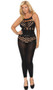 Footless bodystocking with pot hole cut outs, high neckline, o ring details and spaghetti straps.