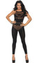 Footless bodystocking with pot hole cut outs, high neckline, o ring details and spaghetti straps.