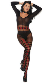 Long sleeve sheer and opaque bodystocking with checkered stripes, scoop neck and back, and open crotch.  Faux crop top and panty look. 