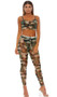 Camouflage print sheer mesh cami crop top with matching high waisted leggings. Two piece set.