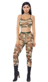 Camouflage print sheer mesh cami crop top with matching high waisted leggings. Two piece set.