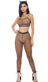 Leopard print sheer mesh cami crop top with matching high waisted leggings. Two piece set.
