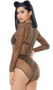 Leopard print sheer mesh long sleeve bodysuit with back zipper closure.