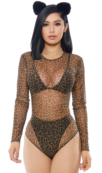Leopard print sheer mesh long sleeve bodysuit with back zipper closure.