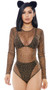 Leopard print sheer mesh long sleeve bodysuit with back zipper closure.