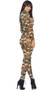 Camouflage print sheer mesh long sleeve catsuit with back zipper closure.