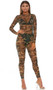 Camouflage print sheer mesh long sleeve catsuit with back zipper closure.