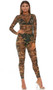 Camouflage print sheer mesh long sleeve catsuit with back zipper closure.