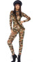 Camouflage print sheer mesh long sleeve catsuit with back zipper closure.