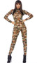 Camouflage print sheer mesh long sleeve catsuit with back zipper closure.