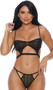 Sheer mesh and metallic bralette features  seductive cut outs, strappy details, adjustable straps, and adjustable hook and eye back closure. Matching thong panty included. Two piece set.